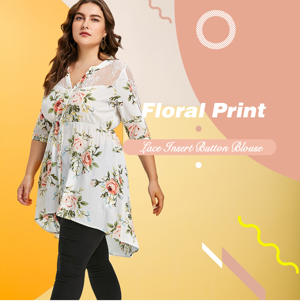 Plus Size Floral Print Button Up Blouse