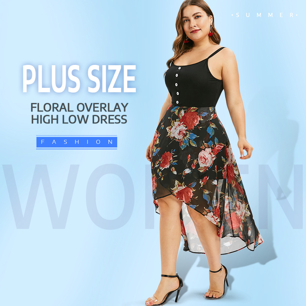 Plus Size Floral Overlay High Low Dress