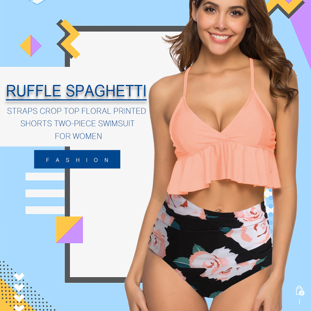 Spaghetti Straps Ruffle Crop Top Floral Printed Shorts Women Two Piece Swimsuit