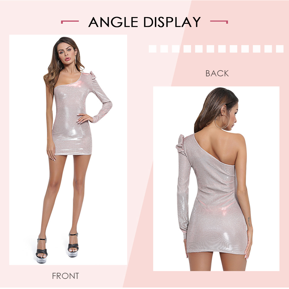 Skew Neck Long Sleeve Glittering Silver Silk Bodycon Women Sexy Mini Dress