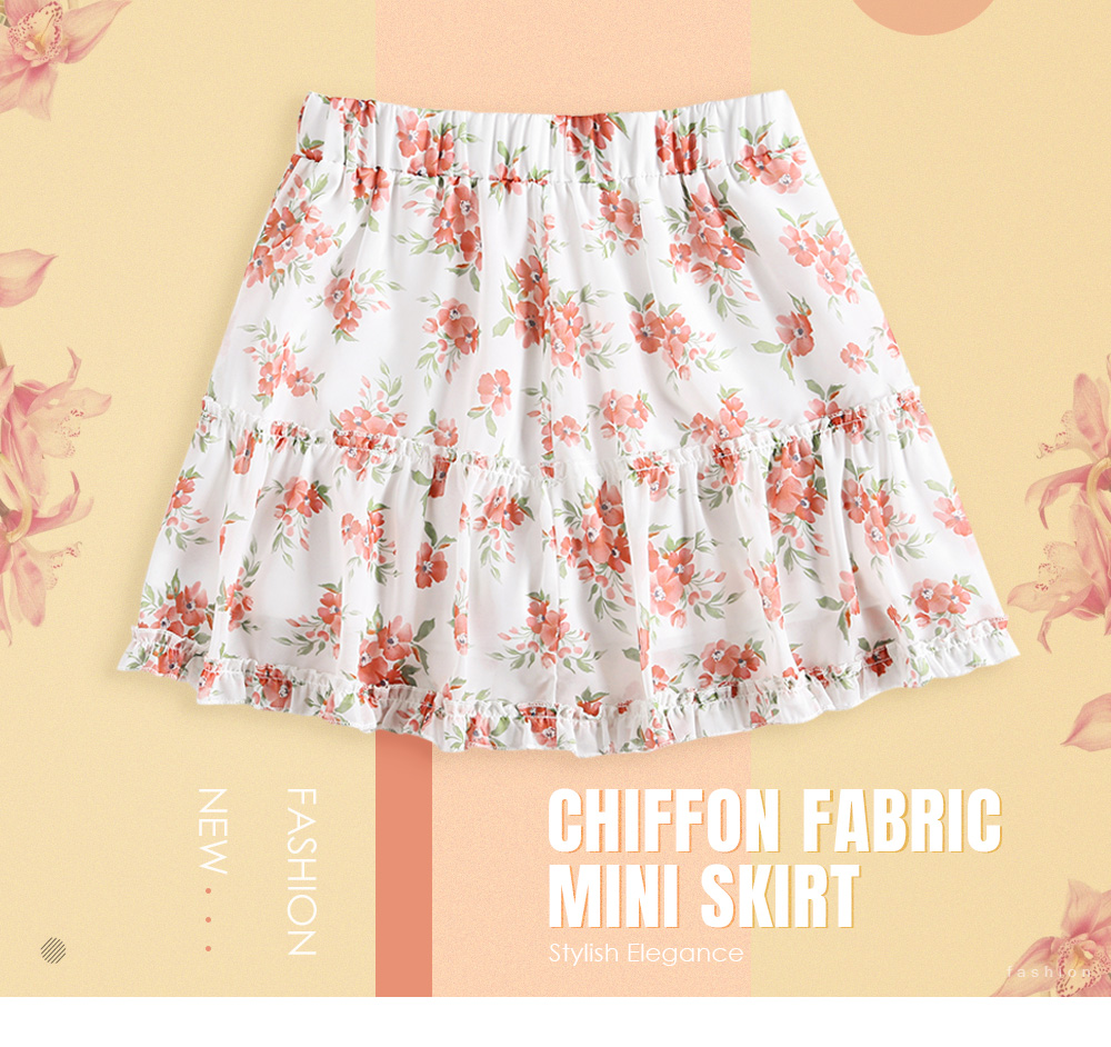 White Floral Printed Elastic Waist Frill Mini Skirt