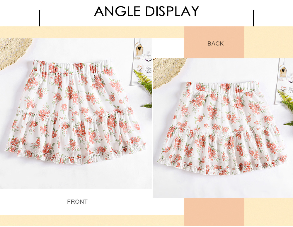 White Floral Printed Elastic Waist Frill Mini Skirt