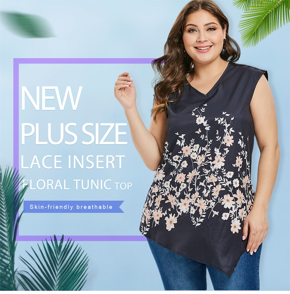 Plus Size Lace Insert Floral Tunic Top