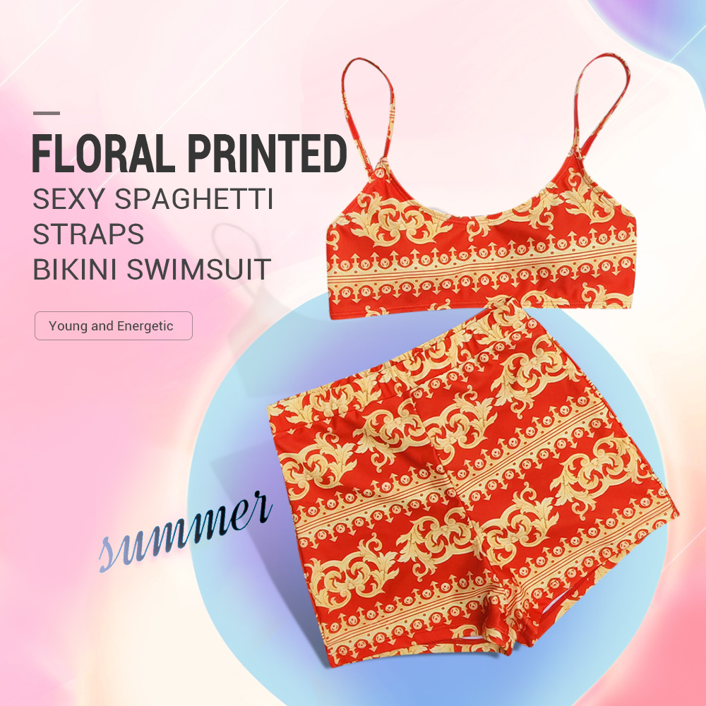 Floral Printed Spaghetti Straps Bikini Sexy Women Swimsuit Beachwear Bathing Suit
