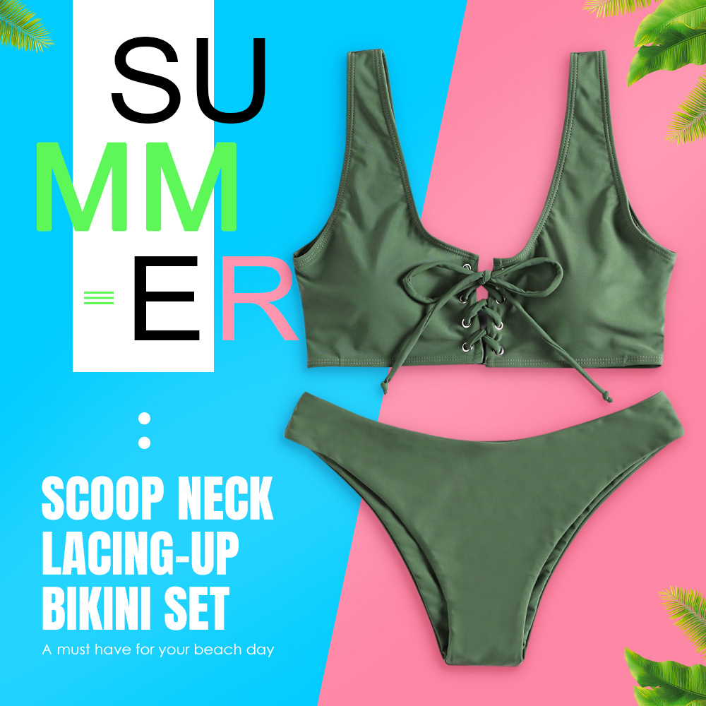 Scoop Neck Backless Padded Solid Color Lacing-up Low Waist Two-piece Swimsuit Women Bikini Set