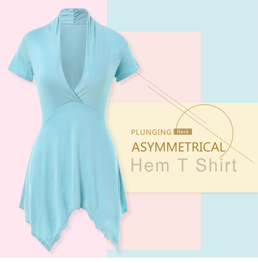 Plunging Neck Asymmetrical Hem T Shirt