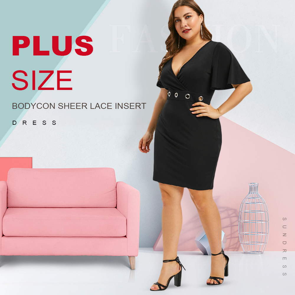 Plus Size Bodycon Sheer Lace Insert Dress