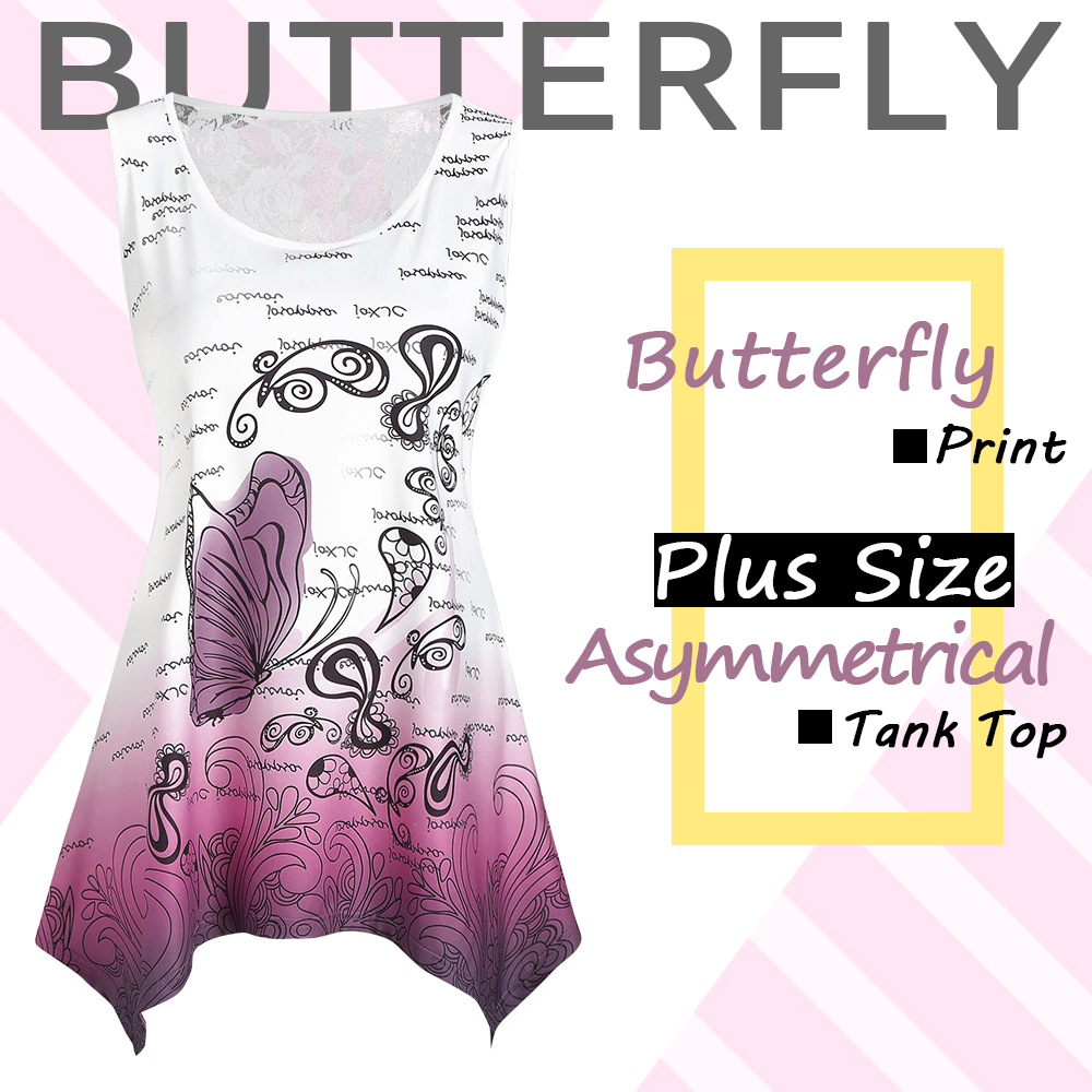 Plus Size Lace Panel Butterfly Print Tank Top