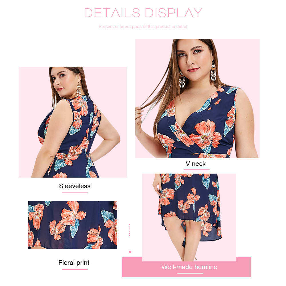 Plus Size Sleeveless Floral Print High Low Dress