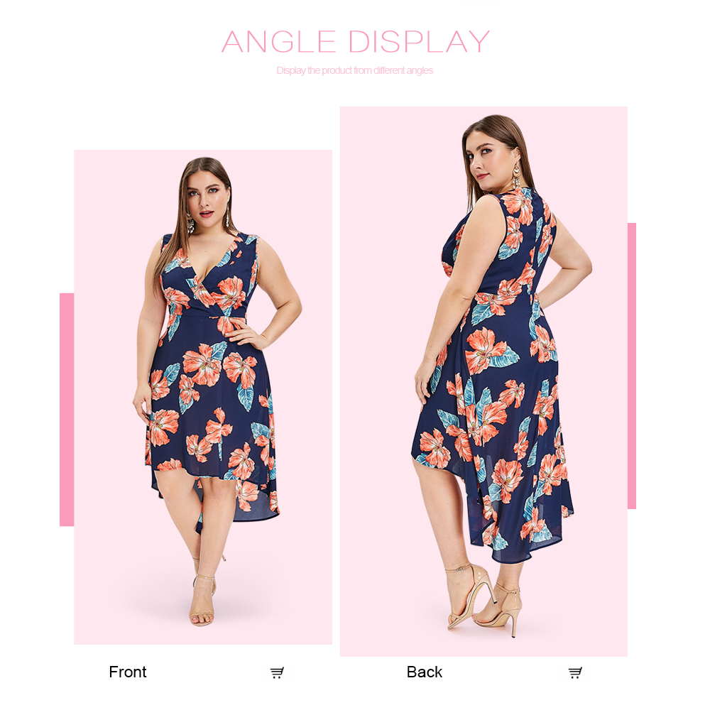 Plus Size Sleeveless Floral Print High Low Dress