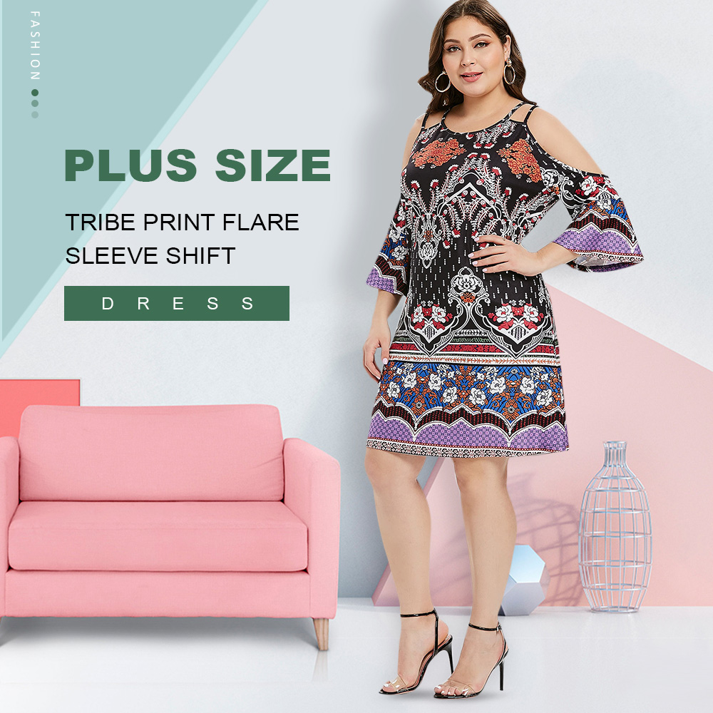 Plus Size Tribe Print Flare Sleeve Shift Dress