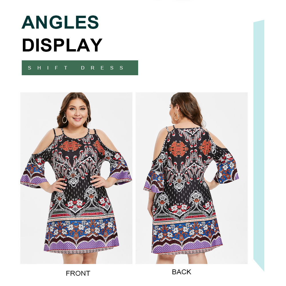 Plus Size Tribe Print Flare Sleeve Shift Dress