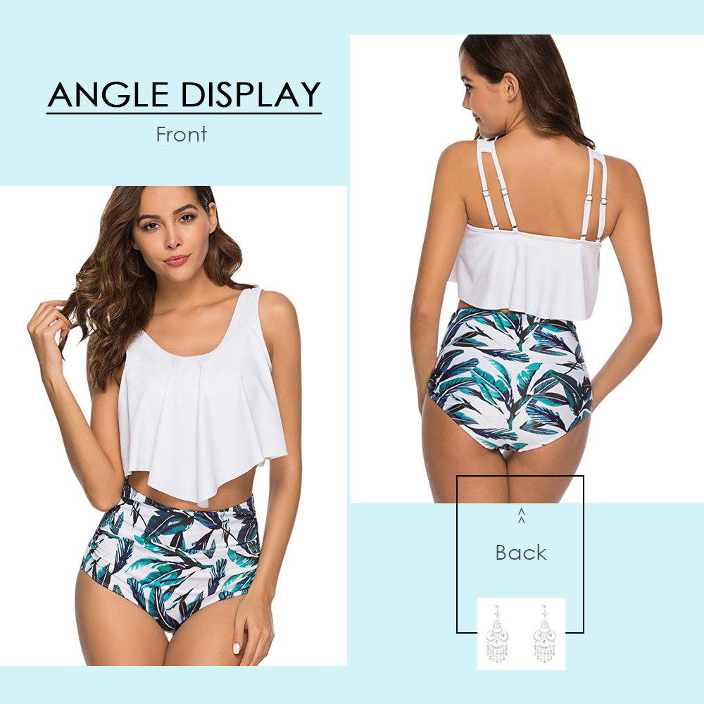 Asymmetric Hem Flounce Leaf Print Wire Free High Waist Two-piece Swimwear