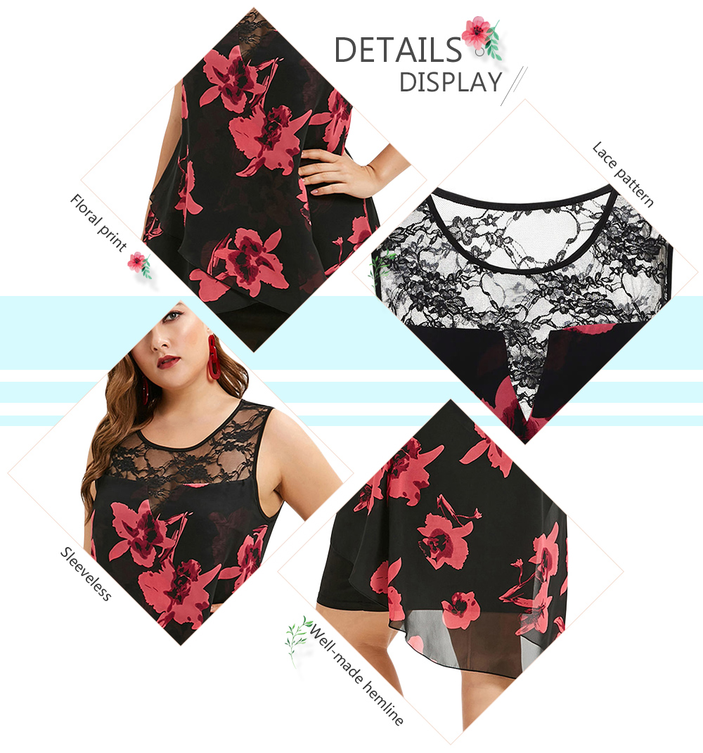 Plus Size Lace Insert Floral Print Overlay Dress