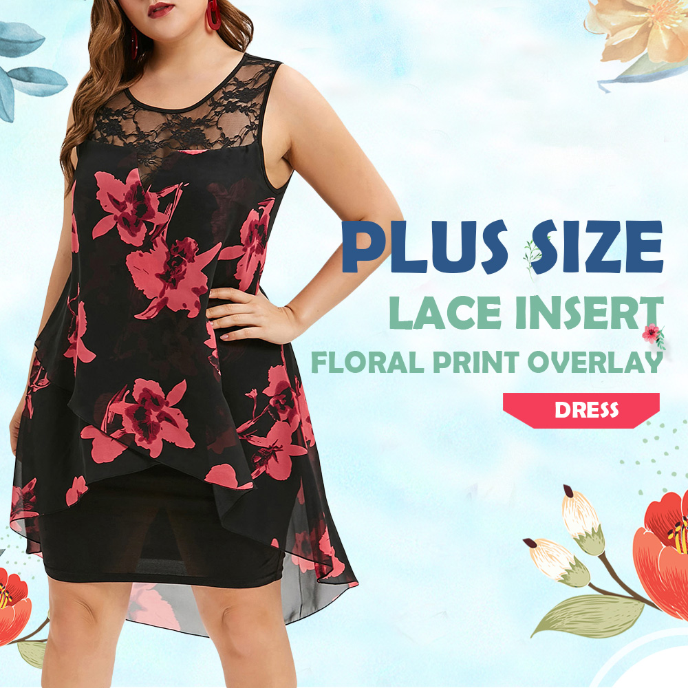 Plus Size Lace Insert Floral Print Overlay Dress