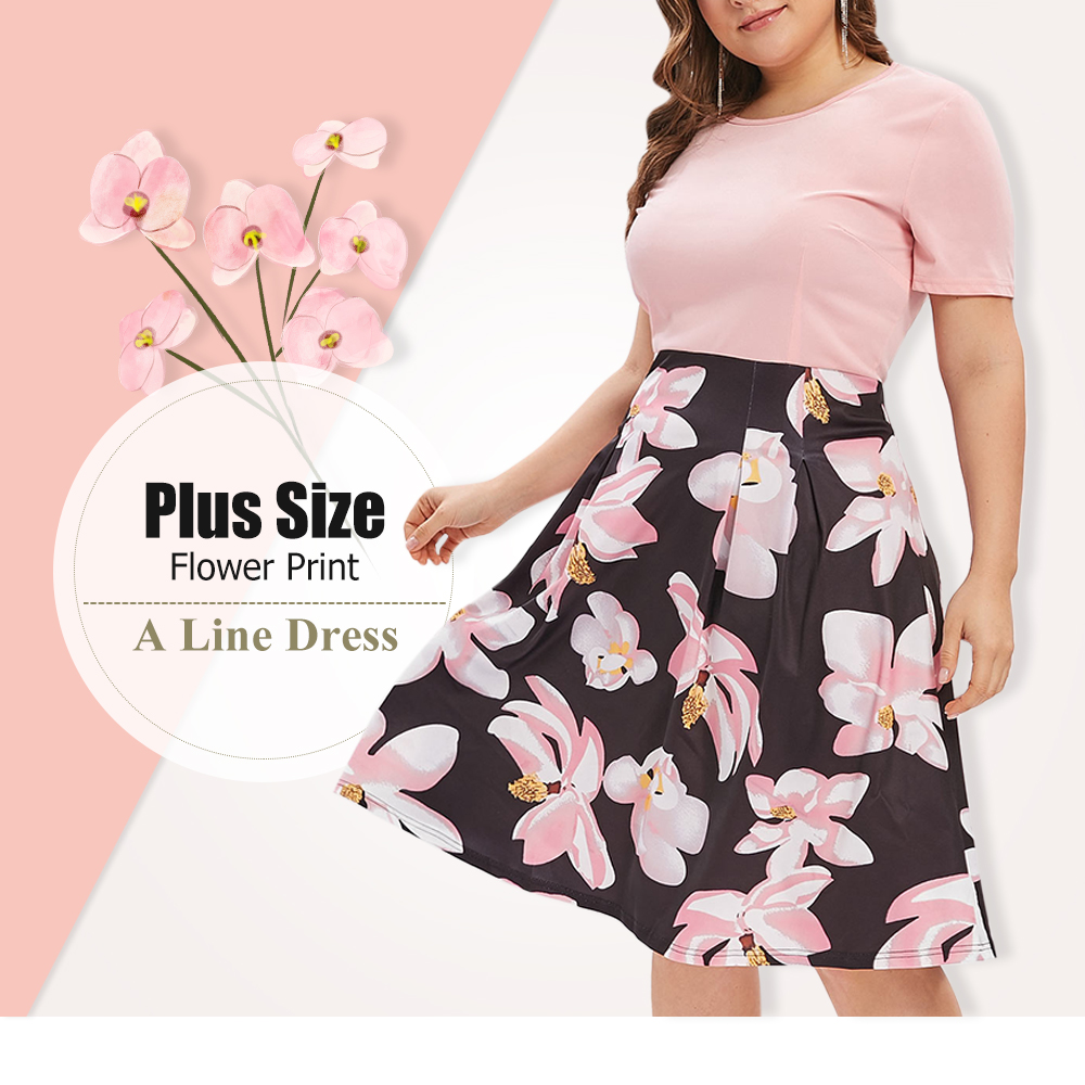 Plus Size Flower Print A Line Dress