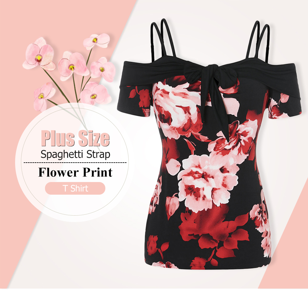 Plus Size Spaghetti Strap Flower Print T Shirt