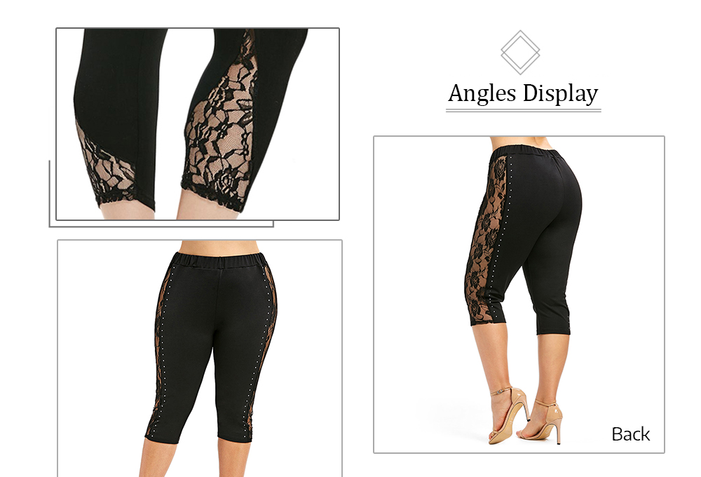 Plus Size Floral Lace Insert Beading Leggings