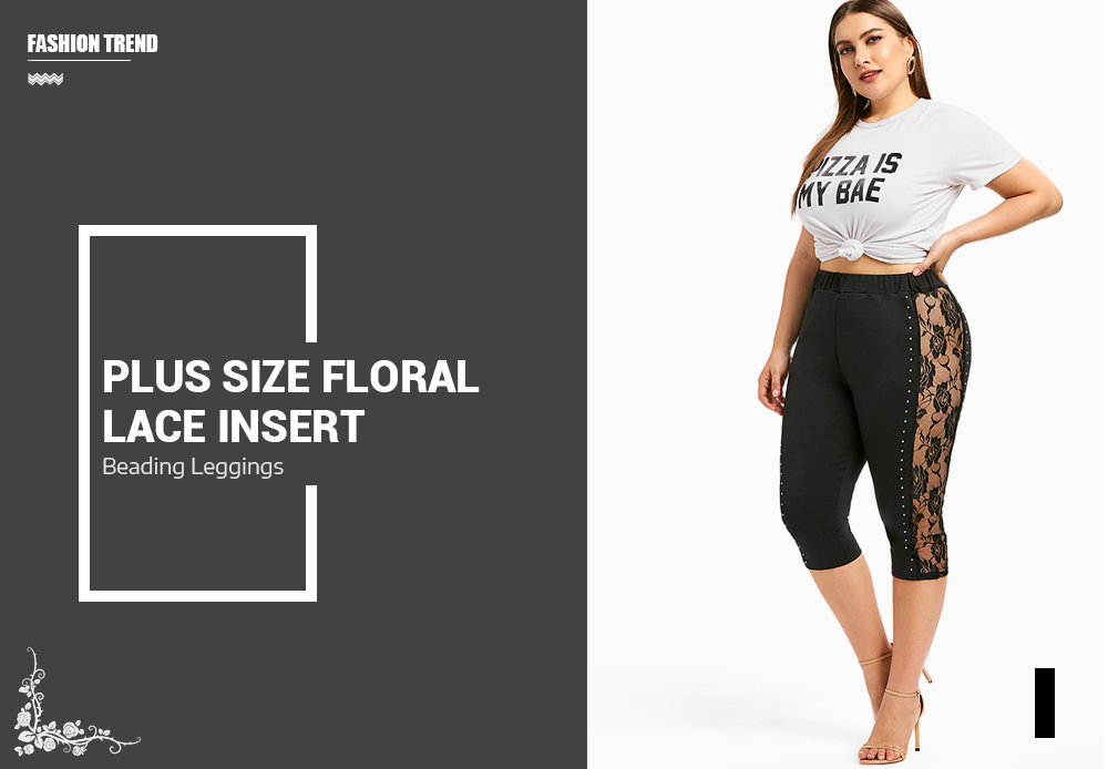 Plus Size Floral Lace Insert Beading Leggings