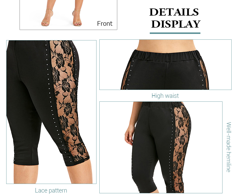 Plus Size Floral Lace Insert Beading Leggings