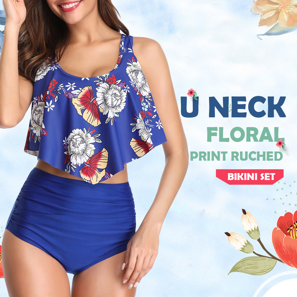 U Neck Floral Print Ruched Bikini Set
