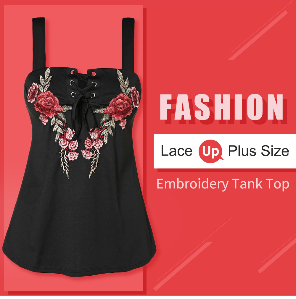 Lace Up Plus Size Embroidery Tank Top