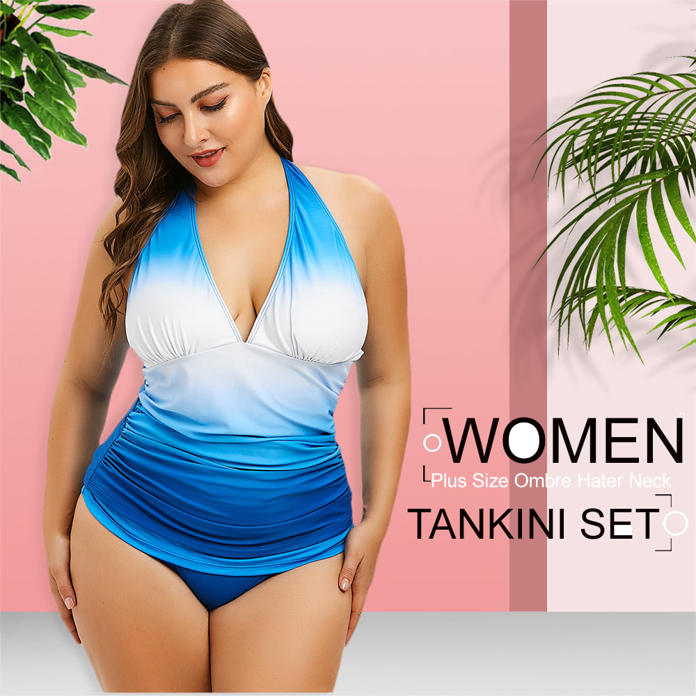 Plus Size Ombre Hater Neck Tankini Set