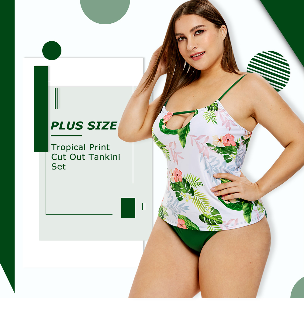 Plus Size Tropical Print Cut Out Tankini Set
