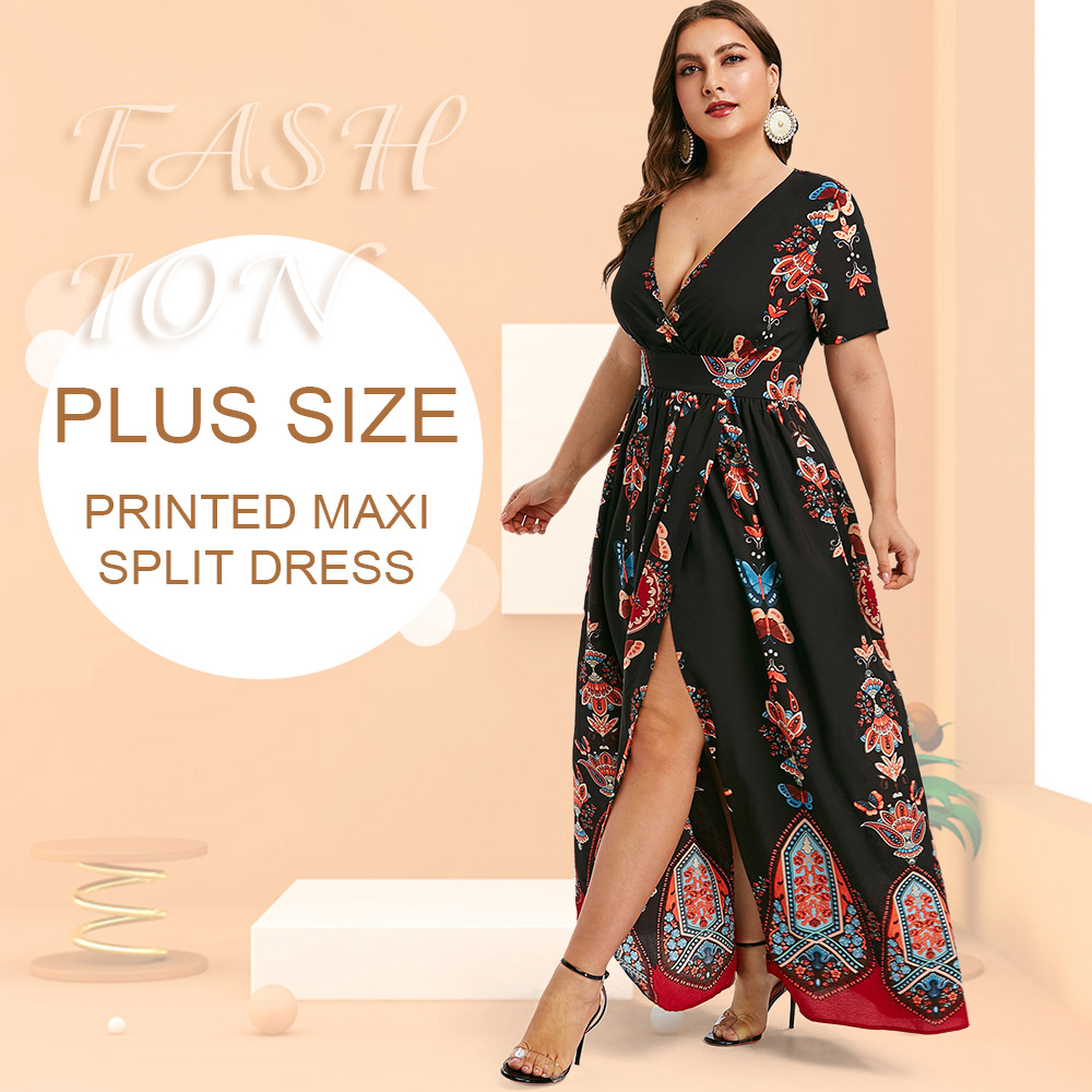 Plus Size Printed Maxi Split Dress