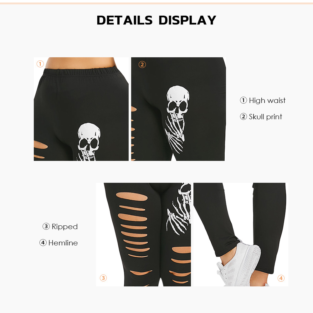 Plus Size Skull Print Ripped Leggings