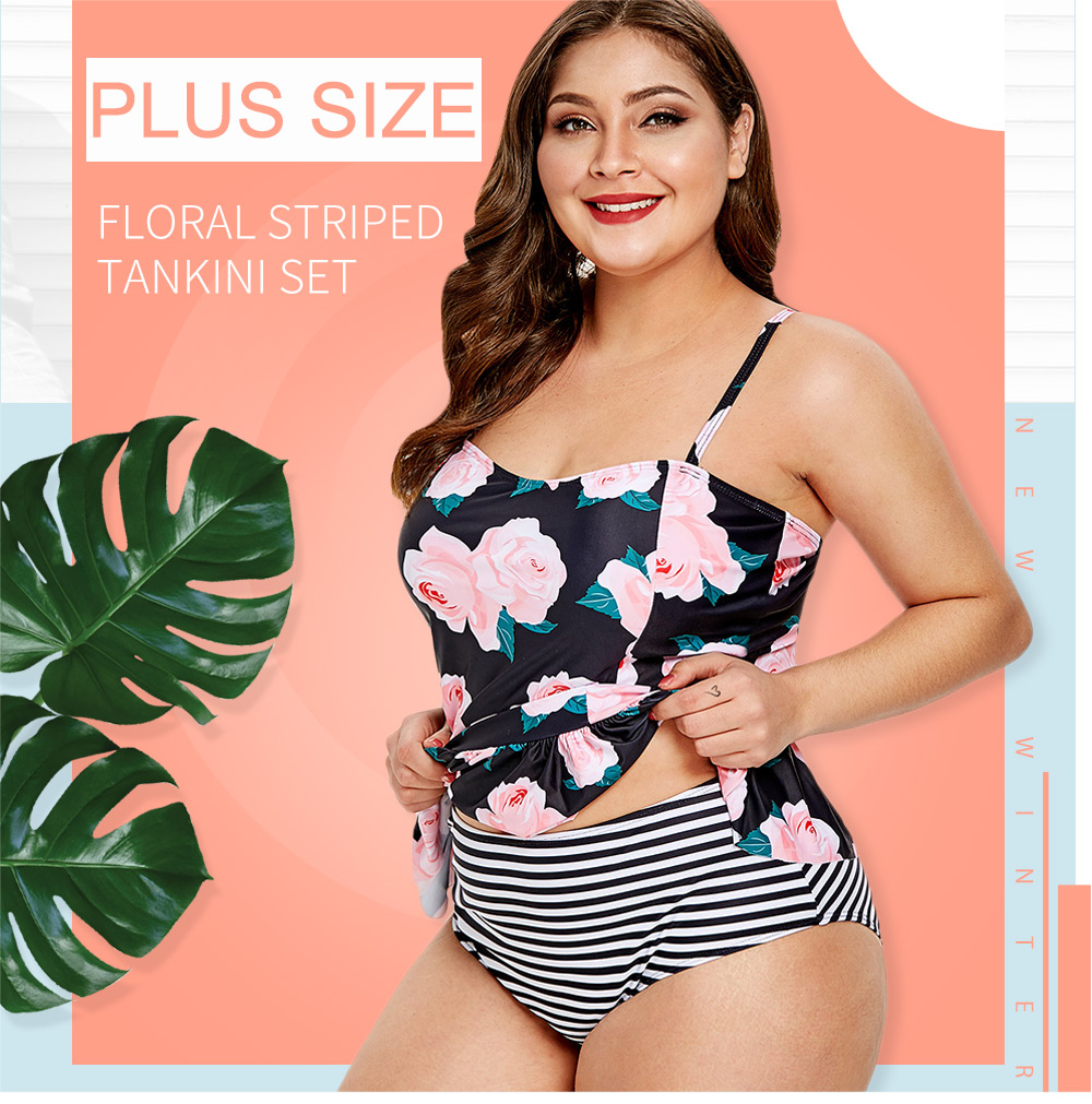 Plus Size Floral Striped Tankini Set