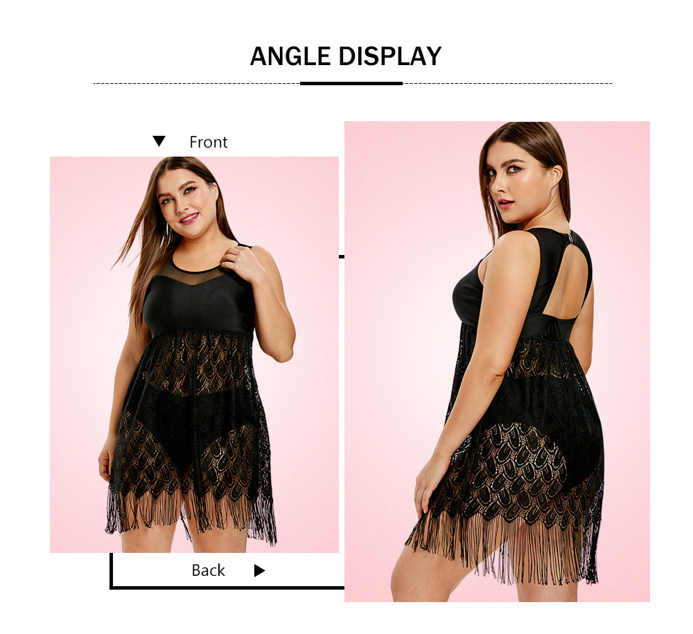 Plus Size Lace Panel Fringe Hem Tankini Set