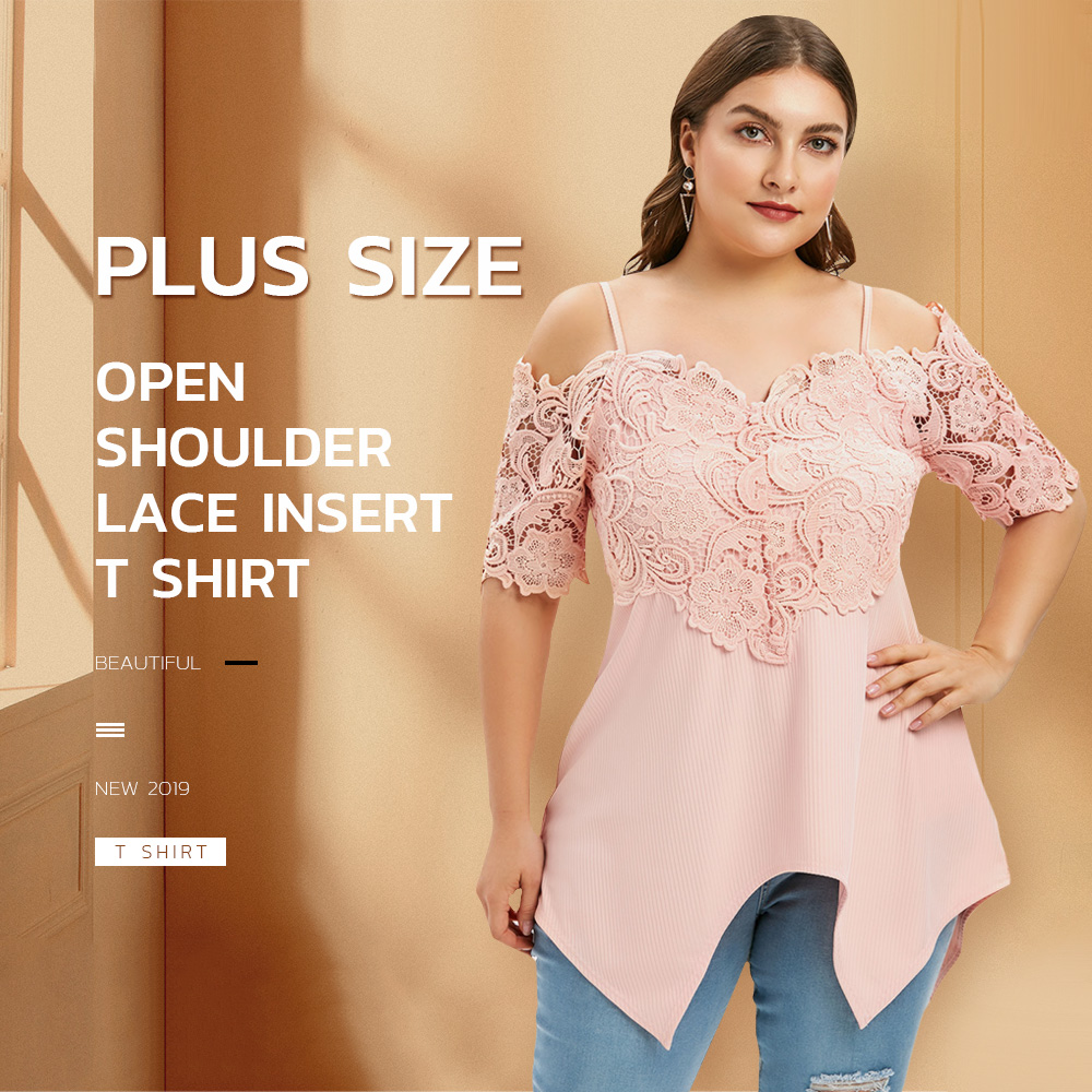 Plus Size Open Shoulder Lace Insert T Shirt