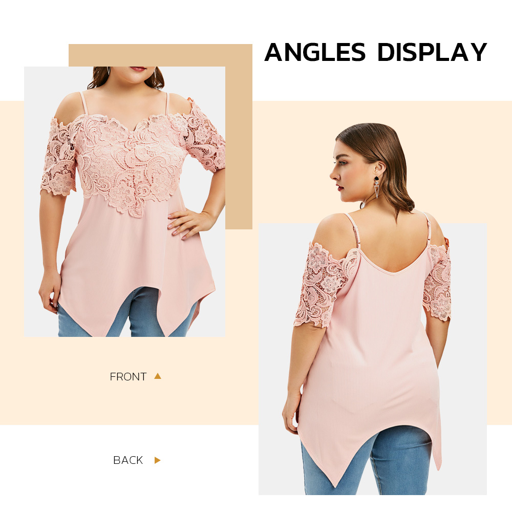 Plus Size Open Shoulder Lace Insert T Shirt